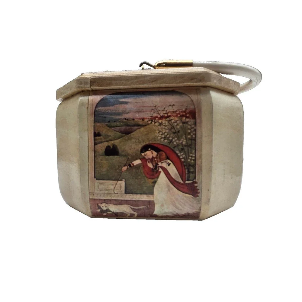 Vintage 1970s Wooden Lacquer Box Purse Indian Motif Felt Lining